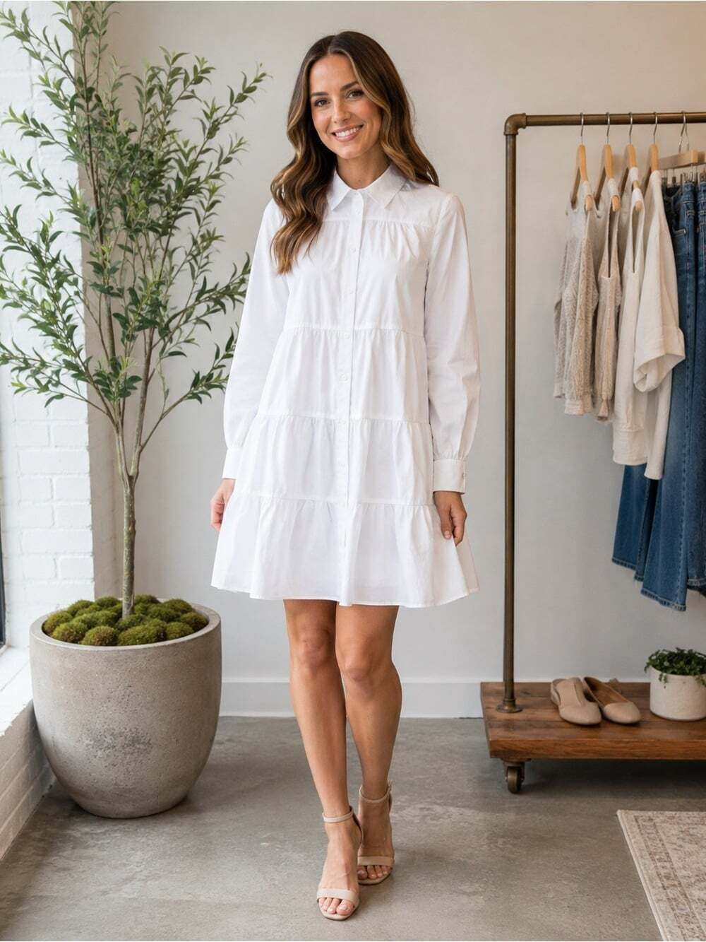 Eliza J White Cotton Tiered Button Front Shirt Dress Size 10